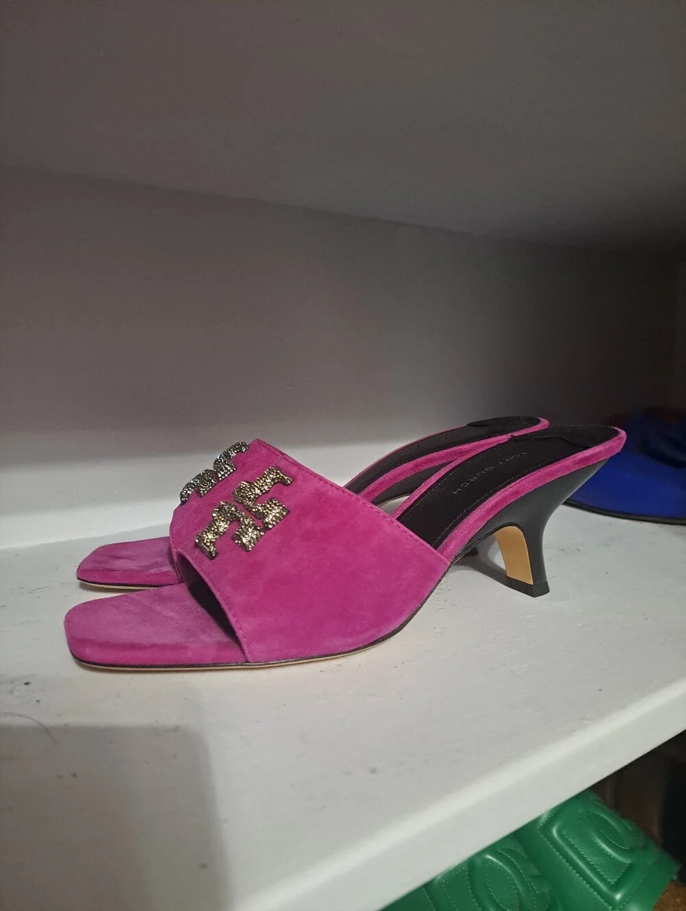 Tory Burch Fuchsia Suede Slide Mules with Crystal Logo Accent